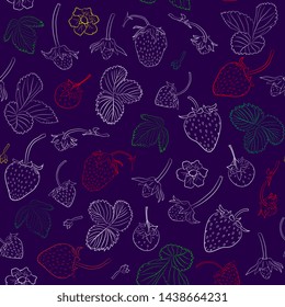 Berry seamless pattern  with leaves and  ripe strawberry. hand drawing, artline. realistic summer background. Food for menu, label, banner, tea or jam packaging