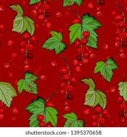 berry seamless pattern. Red currant with leaves and berries. Summer background, Detailed hand drawn food for packaging design, tea or juice label, print,for fabric, wrapping,