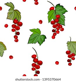 berry seamless pattern. Red currant with leaves and berries. Summer background, Detailed hand drawn food for packaging design, tea or juice label, print,for fabric, wrapping,