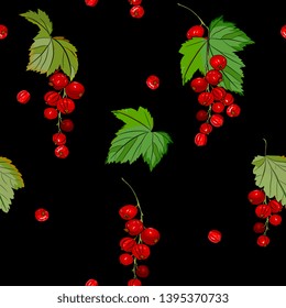 berry seamless pattern. Red currant with leaves and berries. Summer background, Detailed hand drawn food for packaging design, tea or juice label, print,for fabric, wrapping,