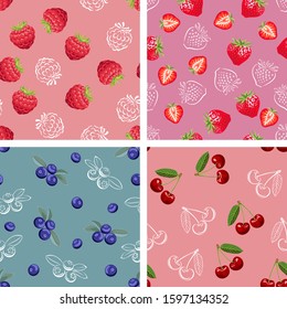 Berry seamless pattern set. Vector illustration of ripe berries and white outline in flat style.  Cartoon cherry, strawberry, blueberry and raspberry. Berry color background.