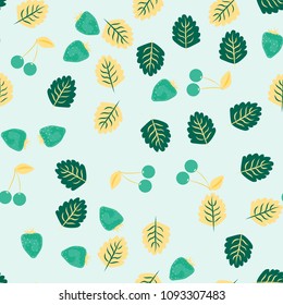 Berry seamless pattern with strawberries, cherries and leaves on a light background. Berry compote. Sweet berries. Summer pattern with pastel colors. For fabric, plastic, wrapping paper, cover.
