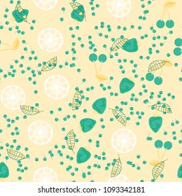 Berry seamless pattern with strawberries, cherries, oranges and leaves on a light background. Fruit compote. Sweet berries. A cut of an orange. For fabric, plastic, wrapping paper, cover.