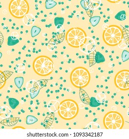 Berry seamless pattern with strawberries, cherries, oranges and leaves on a light background. Fruit compote. Sweet berries. A cut of an orange. For fabric, plastic, wrapping paper, cover.