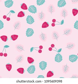 Berry seamless pattern with strawberries, cherries and leaves on a light background. Berry compote. Sweet berries. Summer pattern with pastel colors. For fabric, plastic, wrapping paper, cover.