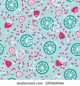 Berry seamless pattern with strawberries, cherries, oranges and leaves on a light background. Fruit compote. Sweet berries. A cut of an orange. For fabric, plastic, wrapping paper, cover.