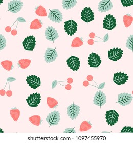 Berry seamless pattern with strawberries, cherries, oranges and leaves on a light background. Fruit compote. Sweet berries. A cut of an orange. For fabric, plastic, wrapping paper, cover.