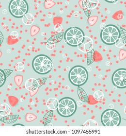 Berry seamless pattern with strawberries, cherries and leaves on a light background. Berry compote. Sweet berries. Summer pattern with pastel colors. For fabric, plastic, wrapping paper, cover.