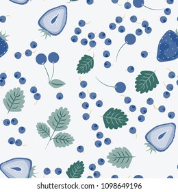 Berry seamless pattern with strawberries, cherries and leaves on a light background. Berry compote. Sweet berries. Summer pattern with pastel colors. For fabric, plastic, wrapping paper, cover.