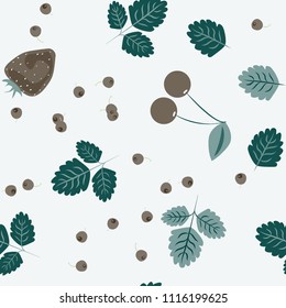 Berry seamless pattern with strawberries, cherries and leaves on a light background. Berry compote. Sweet berries. Summer pattern with pastel colors. For fabric, plastic, wrapping paper, cover.