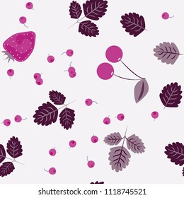 Berry seamless pattern with strawberries, cherries and leaves on a light background. Berry compote. Sweet berries. Summer pattern with pastel colors. For fabric, plastic, wrapping paper, cover.