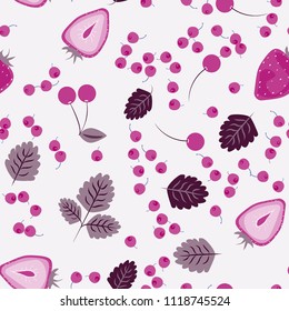Berry seamless pattern with strawberries, cherries and leaves on a light background. Berry compote. Sweet berries. Summer pattern with pastel colors. For fabric, plastic, wrapping paper, cover.