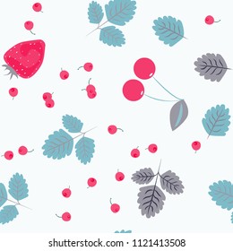 Berry seamless pattern with strawberries, cherries and leaves on a light background. Berry compote. Sweet berries. Summer pattern with pastel colors. For fabric, plastic, wrapping paper, cover.