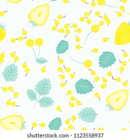 Berry seamless pattern with strawberries, cherries and leaves on a light background. Berry compote. Sweet berries. Summer pattern with pastel colors. For fabric, plastic, wrapping paper, cover.