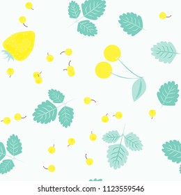 Berry seamless pattern with strawberries, cherries and leaves on a light background. Berry compote. Sweet berries. Summer pattern with pastel colors. For fabric, plastic, wrapping paper, cover.