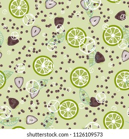 Berry seamless pattern with strawberries, cherries, oranges and leaves on a light background. Fruit compote. Sweet berries. A cut of an orange. For fabric, plastic, wrapping paper, cover.