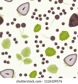 Berry seamless pattern with strawberries, cherries and leaves on a light background. Berry compote. Sweet berries. Summer pattern with pastel colors. For fabric, plastic, wrapping paper, cover.