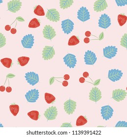 Berry seamless pattern with strawberries, cherries and leaves on a light background. Berry compote. Sweet berries. Summer pattern with pastel colors. For fabric, plastic, wrapping paper, cover.