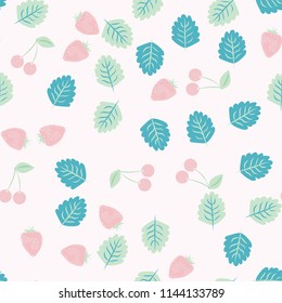 Berry seamless pattern with strawberries, cherries and leaves on a light background. Berry compote. Sweet berries. Summer pattern with pastel colors. For fabric, plastic, wrapping paper, cover.