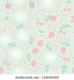 Berry seamless pattern with strawberries, cherries, oranges and leaves on a light background. Fruit compote. Sweet berries. A cut of an orange. For fabric, plastic, wrapping paper, cover.