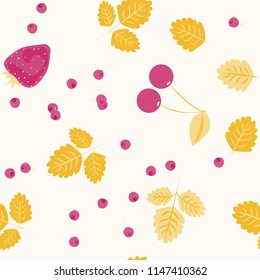 Berry seamless pattern with strawberries, cherries and leaves on a light background. Berry compote. Sweet berries. Summer pattern with pastel colors. For fabric, plastic, wrapping paper, cover.