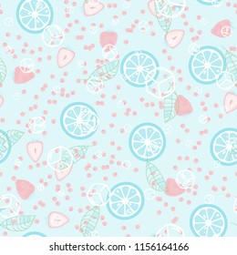 Berry seamless pattern with strawberries, cherries, oranges and leaves on a light background. Fruit compote. Sweet berries. A cut of an orange. For fabric, plastic, wrapping paper, cover.