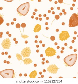 Berry seamless pattern with strawberries, cherries and leaves on a light background. Berry compote. Sweet berries. Summer pattern with pastel colors. For fabric, plastic, wrapping paper, cover.