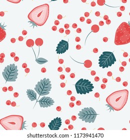 Berry seamless pattern with strawberries, cherries and leaves on a light background. Berry compote. Sweet berries. Summer pattern with pastel colors. For fabric, plastic, wrapping paper, cover.