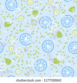 Berry seamless pattern with strawberries, cherries, oranges and leaves on a light background. Fruit compote. Sweet berries. A cut of an orange. For fabric, plastic, wrapping paper, cover.