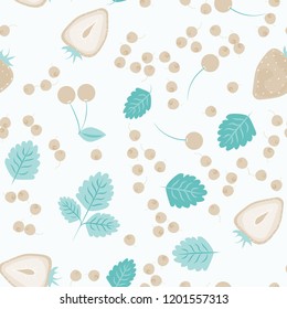 Berry seamless pattern with strawberries, cherries and leaves on a light background. Berry compote. Sweet berries. Summer pattern with pastel colors. For fabric, plastic, wrapping paper, cover.