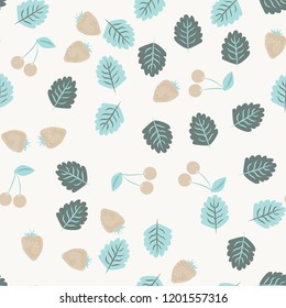 Berry seamless pattern with strawberries, cherries and leaves on a light background. Berry compote. Sweet berries. Summer pattern with pastel colors. For fabric, plastic, wrapping paper, cover.