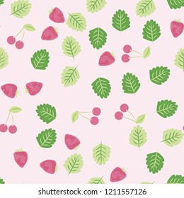 Berry seamless pattern with strawberries, cherries and leaves on a light background. Berry compote. Sweet berries. Summer pattern with pastel colors. For fabric, plastic, wrapping paper, cover.