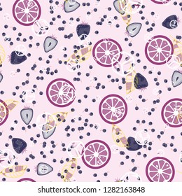 Berry seamless pattern with strawberries, cherries and leaves on a light background. Berry compote. Sweet berries. Summer pattern with pastel colors. For fabric, plastic, wrapping paper, cover.