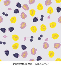 Berry seamless pattern with strawberries, cherries and leaves on a light background. Berry compote. Sweet berries. Summer pattern with pastel colors. For fabric, plastic, wrapping paper, cover.