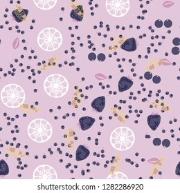 Berry seamless pattern with strawberries, cherries and leaves on a light background. Berry compote. Sweet berries. Summer pattern with pastel colors. For fabric, plastic, wrapping paper, cover.