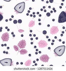 Berry seamless pattern with strawberries, cherries and leaves on a light background. Berry compote. Sweet berries. Summer pattern with pastel colors. For fabric, plastic, wrapping paper, cover.