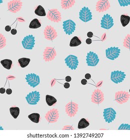 Berry seamless pattern with strawberries, cherries, oranges and leaves on a light background. Fruit compote. Sweet berries. A cut of an orange. For fabric, plastic, wrapping paper, cover.