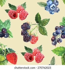 Berry seamless pattern with strawberry raspberry black currant vector illustration