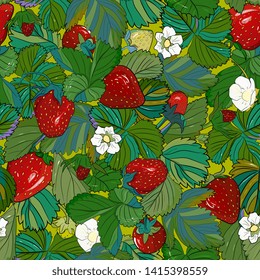 berry seamless pattern. Strawberry ripe with leaves and berries. Summer background, Detailed hand drawn food for packaging design, tea or juice label, print,for fabric, wrapping,
