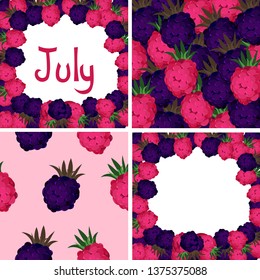 Berry set of patterns and frames. July, raspberry, blackberry. Design of calendar, postcard, flyer, summer holiday.
