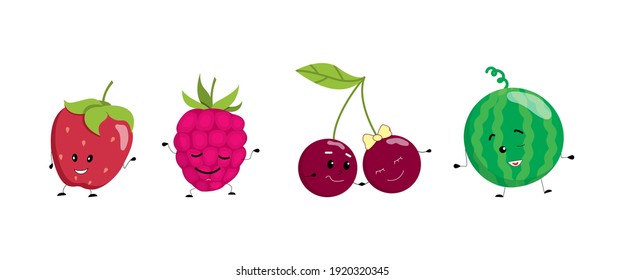 Berry set. Raspberry, strawberry, cherry and watermelon collection. Vector illustration in cartoon cute style isolated on white background. Icon set