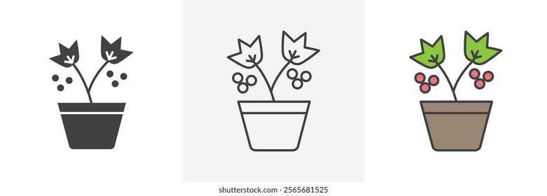 Berry shrubs and vines icons in black and colored versions