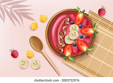 Berry smoothie bowl on pink background vector realistic mock up