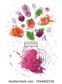 Berry smoothie for a detox diet. Bright poster, banner in watercolor style. Healthy lifestyle cocktail. Juicy splashes of juice and water. Vegetarian food and drink. Vector illustration for menu