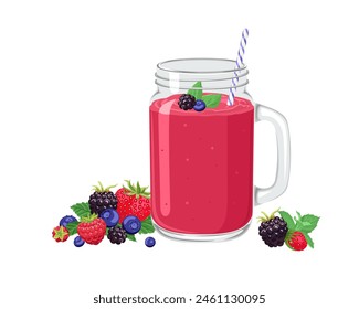 Batido de bayas en vidrio de tarro de albañil con paja aislado sobre fondo blanco. Batido de fruta roja. Vector ilustración de dibujos animados.