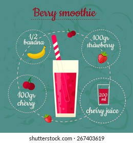 Berry smoothie recipe. Menu element for cafe or restaurant with energetic fresh drink. Fresh juice for healthy life.