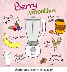 Berry smoothie recipe. Vector illustration with blender products.