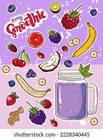 Berry smoothie sticker set. Useful healthy food stickers for printing, hand drawing. Ingredients for smoothie berries, citrus, banana, stickers