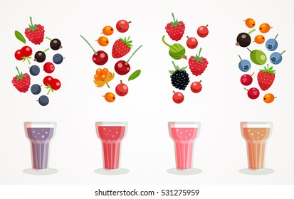 Berry smoothies glasses composition with images of ingredients included in each drink flat vector illustration