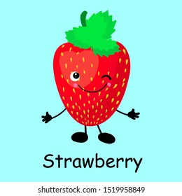 Berry strawberry character. Card for the study of fruits and berries for children.